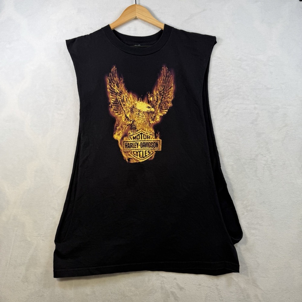 Y2K Harley Davidson T-Shirt Mens XL Black Eagle Flames Sleeveless